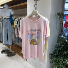 A128 - Premium 220g Cotton Graphic Tee – Cute "See You Hello" Duck with 3D Beaded Crown & Embroidery – Oversized Casual Streetwear