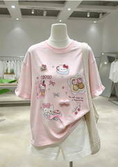 A254 - Kawaii Hello Kitty Graphic Tee | 220G Cotton Oversized Y2K Cute Cartoon T-Shirt Women Streetwear
