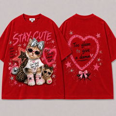 A262 - Cute Cat Graphic Oversized T-Shirt 100% Cotton Tee with 3D Bow Detail & Rhinestone Necklace