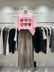 Pearl Heart Graphic Cotton T-Shirt | Oversized Embellished Statement Tee