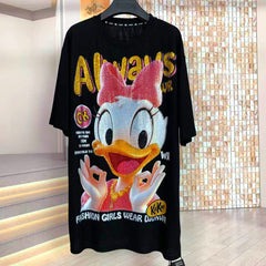 A256 - Daisy Duck Rhinestone Oversized T-Shirt – Y2K Sparkly Cartoon Graphic Tee Women Streetwear 320G Heavy Cotton