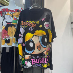 A197 - Heavyweight 320g Cotton Graphic Tee - Luxury Rhinestone Y2K Cartoon Streetwear with Double-Sided Print