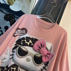 A206 - Heavyweight Oversized 320g Cotton T-Shirt - Luxury Hello Kitty Oversized Rhinestone Graphic Tee