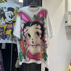 A212 - Betty Boop Bunny Sparkle Oversized Tee - 320g Heavyweight Premium Cotton - Rhinestone Double-Sided Streetwear Shirt