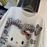 A214 - Hello Kitty Y2K Sparkle Oversized Tee - 320g Heavyweight Premium Cotton - Luxury Rhinestone Bling Streetwear Shirt