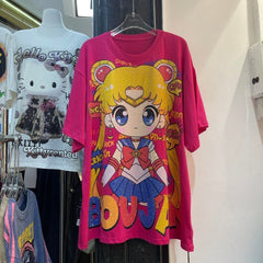 A215 - Sailor Moon Usagi Sparkle Oversized Tee - 320g Heavyweight Premium Cotton - Luxury Rhinestone Bling Anime Streetwear Shirt