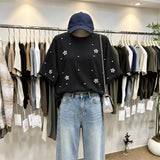 Hand-Beaded Crystal Flower Cotton T-Shirt | 3D Embellished Statement Tee