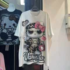 A206 - Heavyweight Oversized 320g Cotton T-Shirt - Luxury Hello Kitty Oversized Rhinestone Graphic Tee