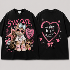 A262 - Cute Cat Graphic Oversized T-Shirt 100% Cotton Tee with 3D Bow Detail & Rhinestone Necklace