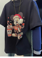 Christmas Mickey Mouse Graphic T-Shirt | 220G Heavy Cotton Tee with Handmade Beaded Embroidery & Festive Holiday Design