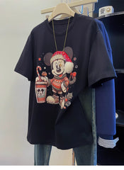 Christmas Mickey Mouse Graphic T-Shirt | 220G Heavy Cotton Tee with Handmade Beaded Embroidery & Festive Holiday Design