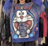 Vintage Washed Rhinestone Doraemon Sweatshirt | Fleece-Lined Oversized Crewneck
