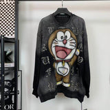 Washed Retro Doraemon Sweatshirt | Rhinestone Oversized Longline Crewneck