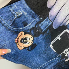 R6 - Heavy Cotton T-Shirt - Hand-Embroidered Beaded & Sequin Mickey Graphic Denim Overalls Printed Oversized Tee