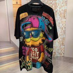 A222 - Garfield Y2K Sparkle Oversized Tee - 320g Heavyweight Breathable Cotton - Premium Bling Character Streetwear Boxy T-Shirt