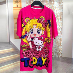 A255 - 320G Heavyweight Sailor Moon Inspired Rhinestone Graphic Tee | Y2K Oversized Cute Cartoon Streetwear T-Shirt Women