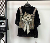 Pearl Bow Cat Rhinestone & Sequin Embellished T-Shirt