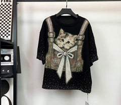 Pearl Bow Cat Rhinestone & Sequin Embellished T-Shirt