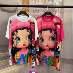 A245 - Betty Boop Rhinestone Embellished Oversized Graphic Tee
