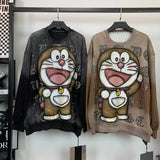 Washed Retro Doraemon Sweatshirt | Rhinestone Oversized Longline Crewneck