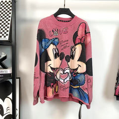 R10 - Pure Cotton Crewneck Sweatshirt - Luxury Sequin Embroidered Mickey & Minnie Graphic Pullover