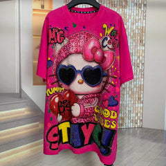 A225 - Hello Kitty Sunglasses Y2K Double-Sided Aesthetic Tee - 320g Heavyweight Breathable Cotton - Premium Rhinestone Bling Streetwear Boxy T-Shirt