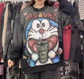 Vintage Washed Rhinestone Doraemon Sweatshirt | Fleece-Lined Oversized Crewneck
