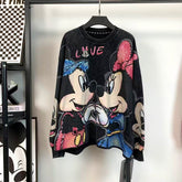 R10 - Pure Cotton Crewneck Sweatshirt - Luxury Sequin Embroidered Mickey & Minnie Graphic Pullover