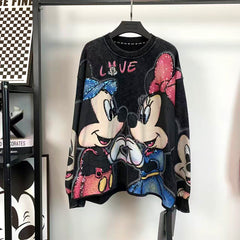 R10 - Pure Cotton Crewneck Sweatshirt - Luxury Sequin Embroidered Mickey & Minnie Graphic Pullover