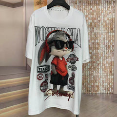 A226 - Bugs Bunny Headphones Y2K Aesthetic Tee - 320g Heavyweight Breathable Cotton - Premium Rhinestone Bling Streetwear Boxy T-Shirt