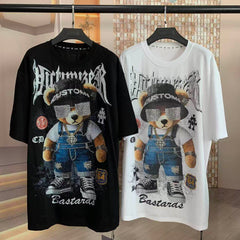 A221 - Hypebeast Teddy Bear Oversized Tee - 320g Heavyweight Breathable Cotton - Premium Rhinestone & Big Crystal Sunglasses Luxury Streetwear Shirt