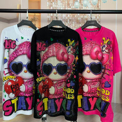 A225 - Hello Kitty Sunglasses Y2K Double-Sided Aesthetic Tee - 320g Heavyweight Breathable Cotton - Premium Rhinestone Bling Streetwear Boxy T-Shirt