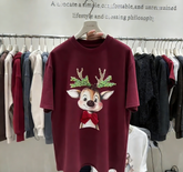 A260 - Handcrafted Beaded Reindeer Bow 220G Cotton Oversized T-Shirt