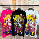 A255 - 320G Heavyweight Sailor Moon Inspired Rhinestone Graphic Tee | Y2K Oversized Cute Cartoon Streetwear T-Shirt Women