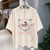 3D Hello Kitty Character T-Shirt with Pearl & Bow Detail | Cute Handmade Oversized Tee