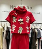 Handcrafted Teddy Bear Embellished Oversized Cotton T-Shirt