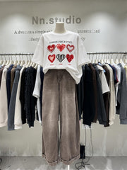 Pearl Heart Graphic Cotton T-Shirt | Oversized Embellished Statement Tee