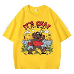VINESU 100% Cotton T-Shirt: "It's Okay To Not Be Okay" Surfing Dog Cartoon Graphic Print