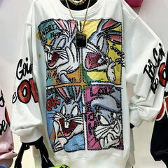 VINESU B02 - Hand-Studded Rhinestone Bunny Grid Oversized Sweatshirt