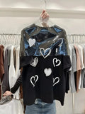 VINESU A25 - Heart Rhinestone & 3D Print Oversized Tee