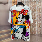 Vinesu A76 - Vintage Minnie Mouse Rhinestone T-Shirt | Heavyweight 320g Cotton Oversized Tee | Retro Disney-Inspired Hotfix Crystal Graphic Top