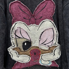 VINESU Y201 Vintage Washed Patchwork Sweatshirt - Heavy Detail Graphic Top
