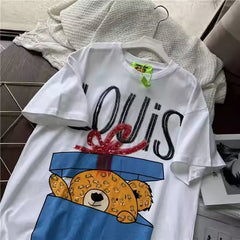VINESU Gift Box Bear Rhinestone Letter Print White Tee | Street Style Top