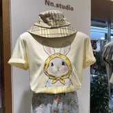 A122 -220g Cotton Tee with Hand-Beaded Bunny & Floral Hood Motif