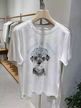 A124 - Wallace & Gromit Schnauzer Graphic T-Shirt - Floral Beret Dog Print Tee with Beaded Embroidery - Y2K Aesthetic Cotton Top