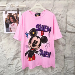VINESU MKT07 - Oversized Graffiti Mouse T-Shirt for Women - 220g Breathable Cotton with Pearl & Rhinestone Embellishments (Sizes S-3XL)