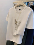 VINESU πBeaded bow-decorated short-sleeved T-shirt