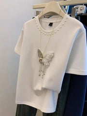 VINESU 🎀Beaded bow-decorated short-sleeved T-shirt