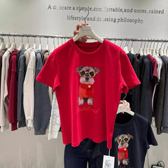 VINESU A50 220GSM Cotton Schnauzer Graphic Tee | Rhinestone Embellished Dog Print T-Shirt