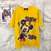 VINESU MKT07 - Oversized Graffiti Mouse T-Shirt for Women - 220g Breathable Cotton with Pearl & Rhinestone Embellishments (Sizes S-3XL)